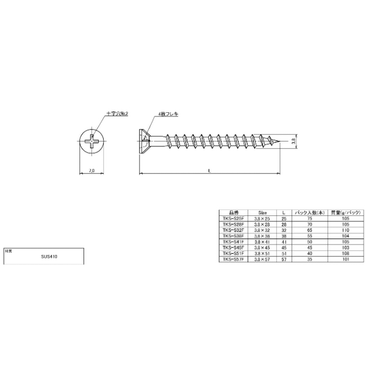 コーススレッドスクリュー　フレキ頭　ステンレス　Ｍ３．８Ｘ２８　７０本入　全ネジ