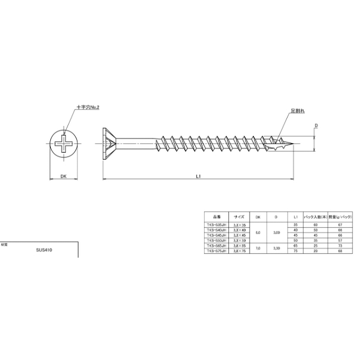 軸細コーススレッドスクリュー　ステンレス　Ｍ３．８×６５　２５本入　半ネジ
