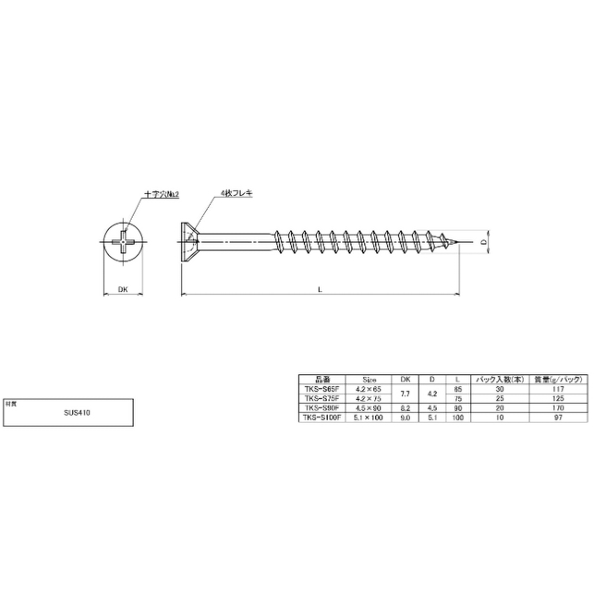 コーススレッドスクリュー　フレキ頭　ステンレス　Ｍ４．５Ｘ９０　２０本入　半ネジ