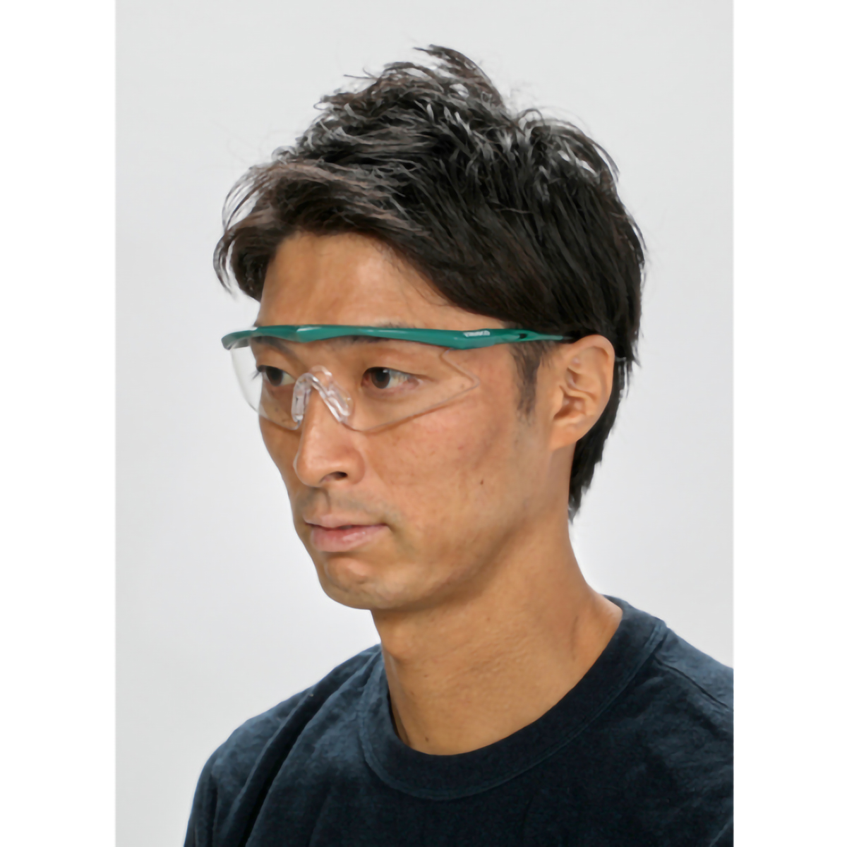 一眼型安全メガネ　フレームグリーン　レンズクリア