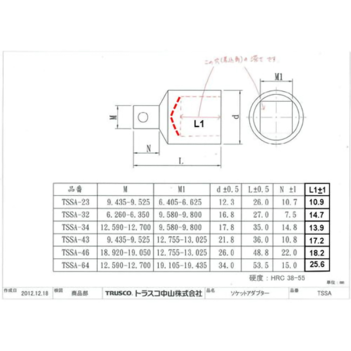 ソケットアダプター　差込角凹１２．７ｍｍ　凸９．５ｍｍ