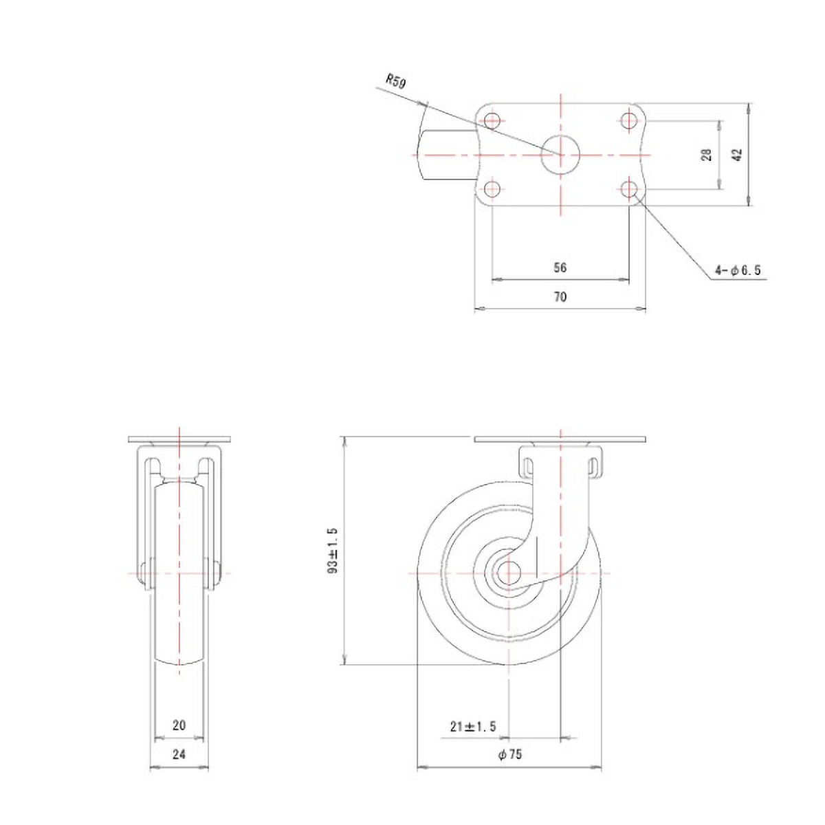 こまわり君用省音キャスター　Φ７５エラストマー車　自在