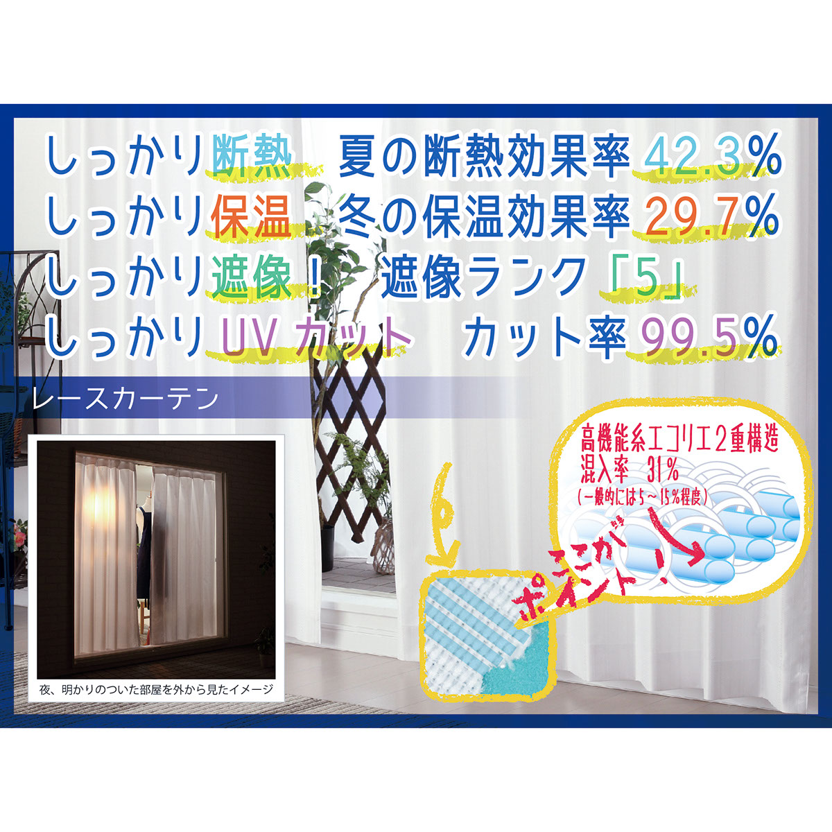 【遮熱レースカーテン】ダブルＷＨ　巾100×丈218cm　2枚組