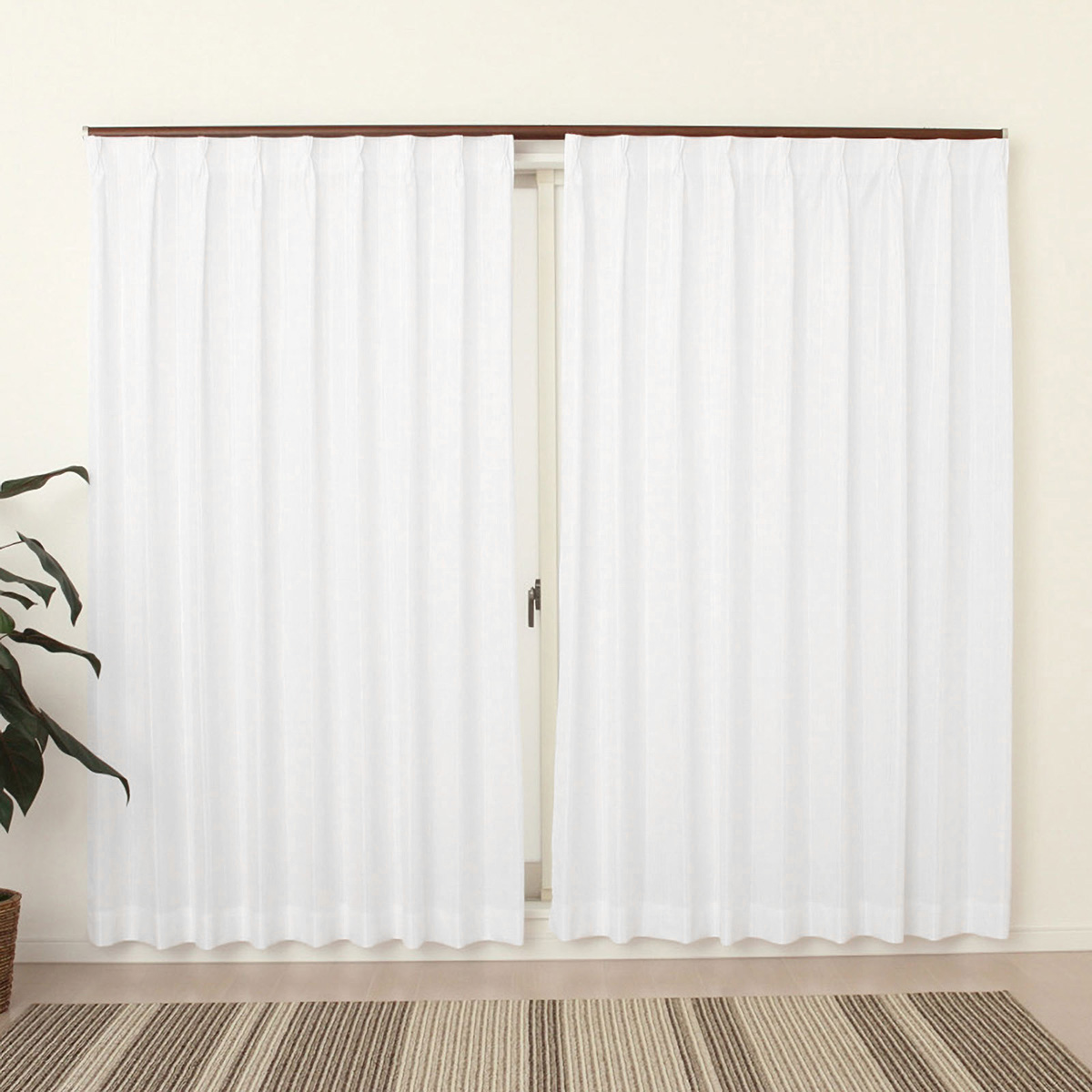 【2倍ヒダ防炎レースカーテン】ラッシュ防炎ホワイト　巾100×丈198cm　2枚組