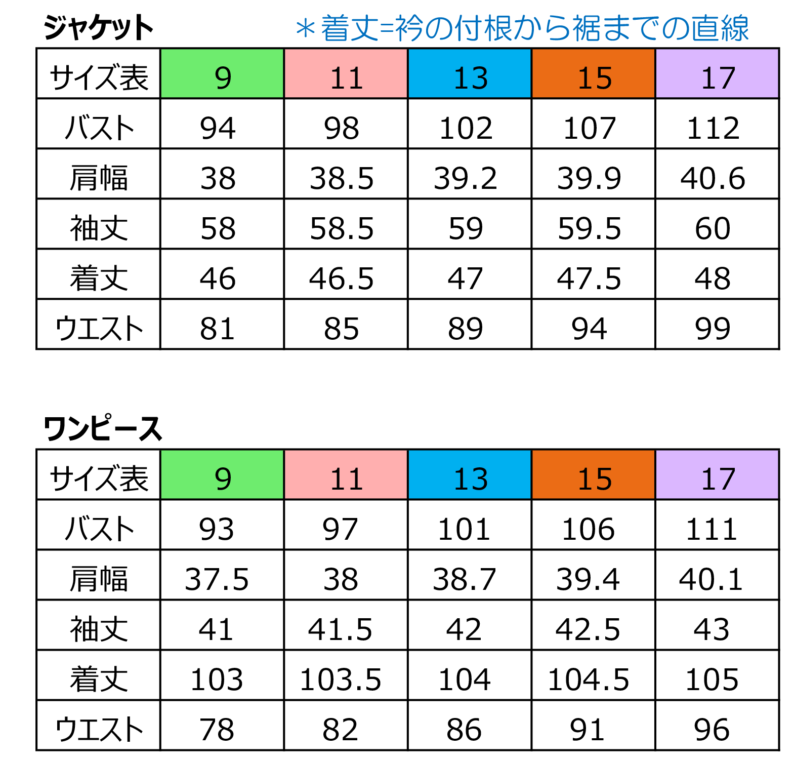 テーラー1釦アンサンブルフォーマル_サイズ表